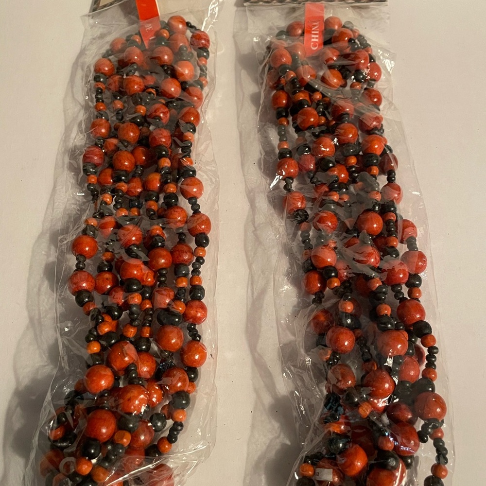 Bead Garlands for Decorating Tree/Tabletop/Mantel.  Set of 2.  Orange/Black